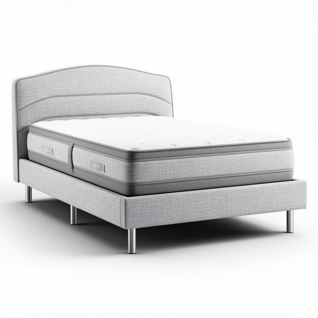 Gray upholstered bed frame with memory foam mattress 200 x 160 x 50cm