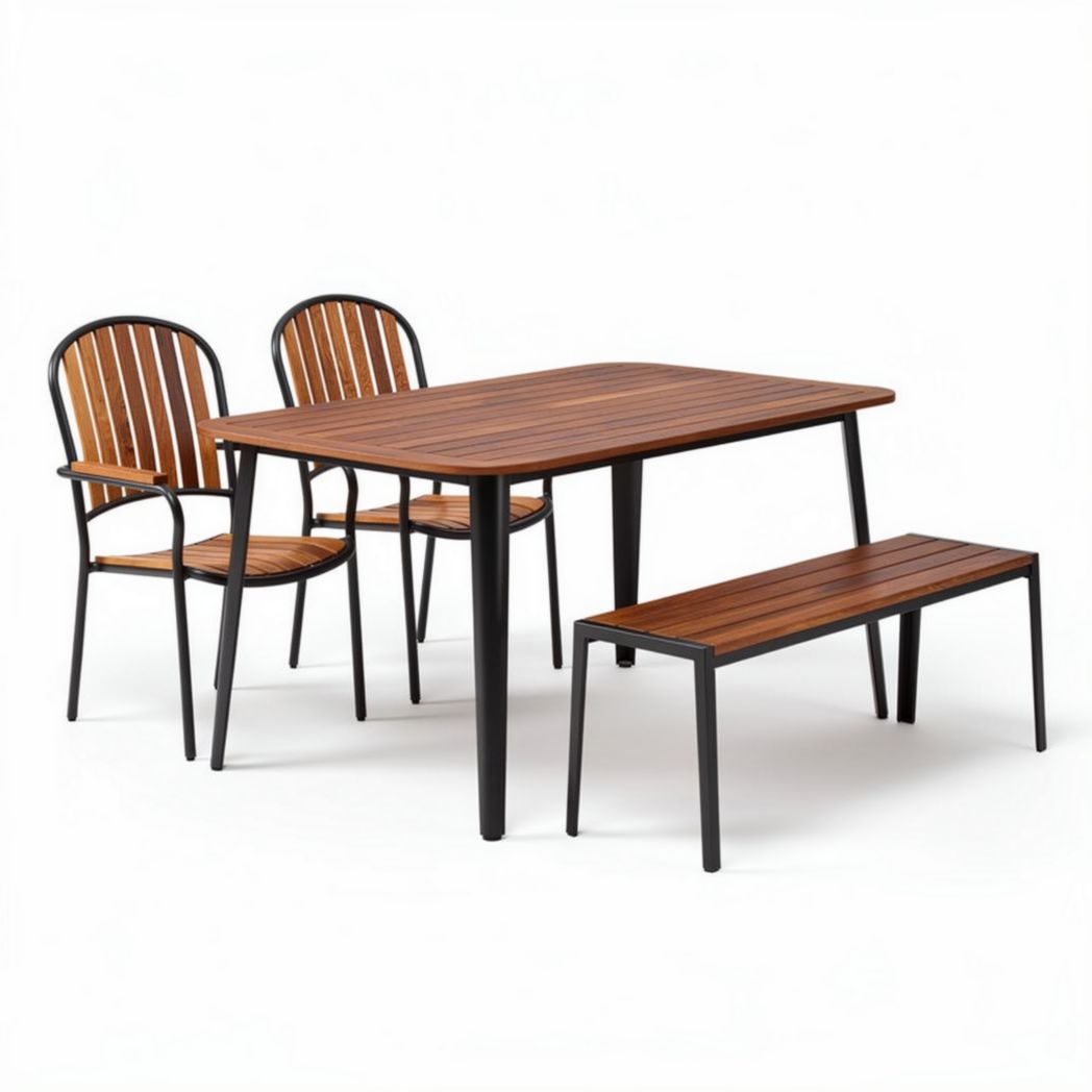 Wooden dining table set with two chairs and bench suitable for outdoor use 150 x 80 x 75cm