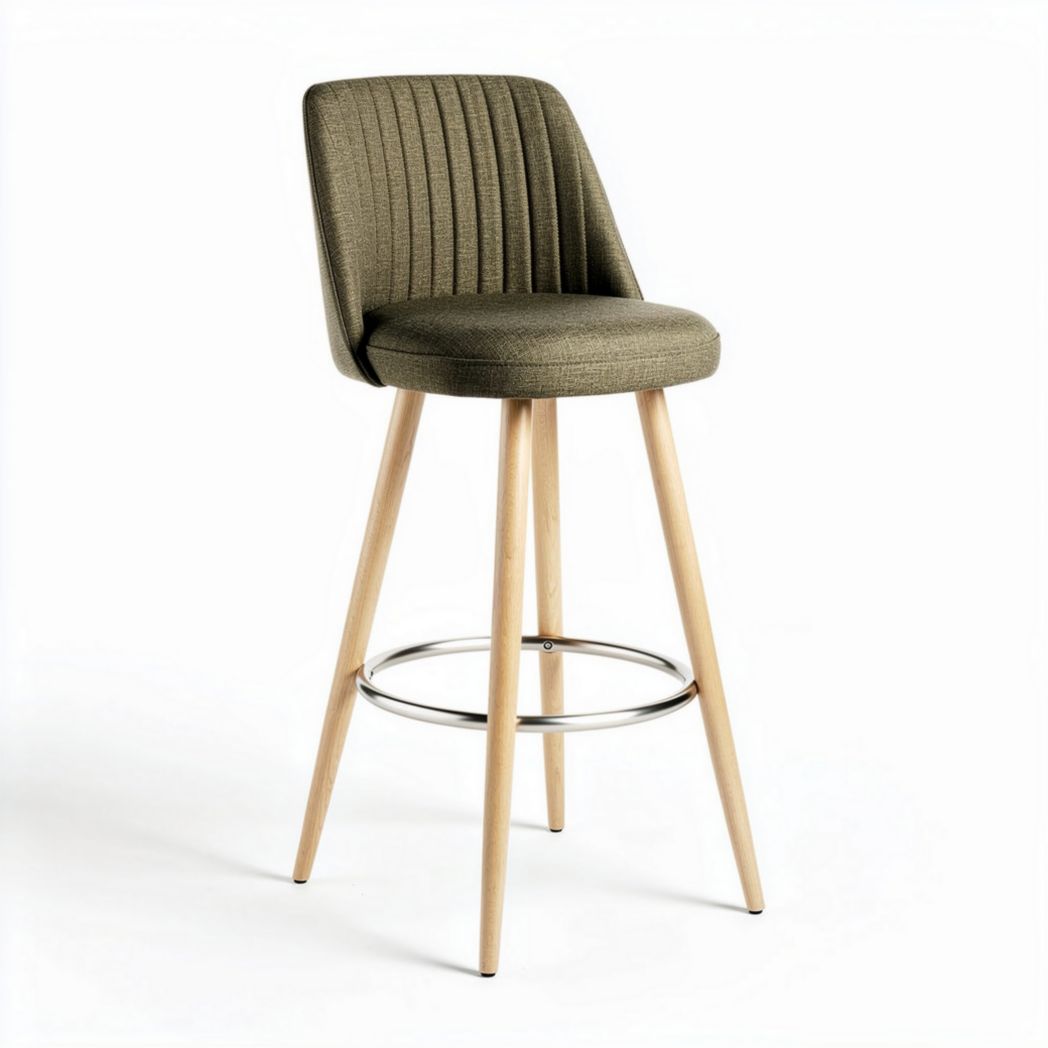 Fabric upholstered bar stool with wooden legs in olive green 45 x 45 x 110cm