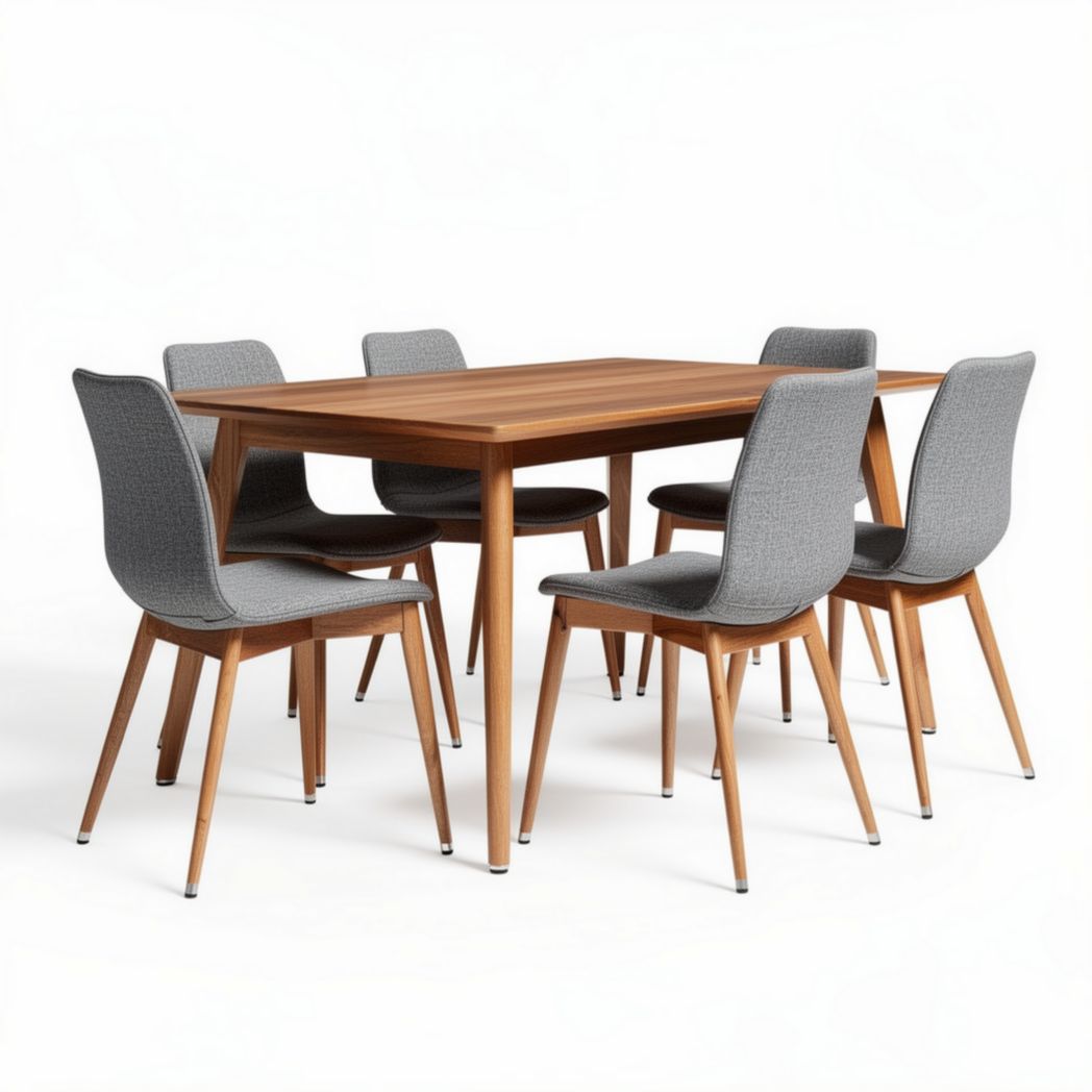 Dining table set with six upholstered chairs walnut finish 180 x 90 x 75cm
