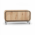 Black wooden media console with gold accents and open shelves 150 x 40 x 60cm