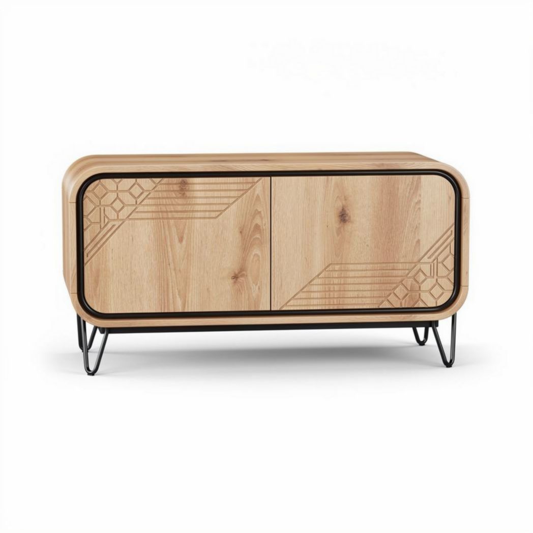 Black wooden media console with gold accents and open shelves 150 x 40 x 60cm