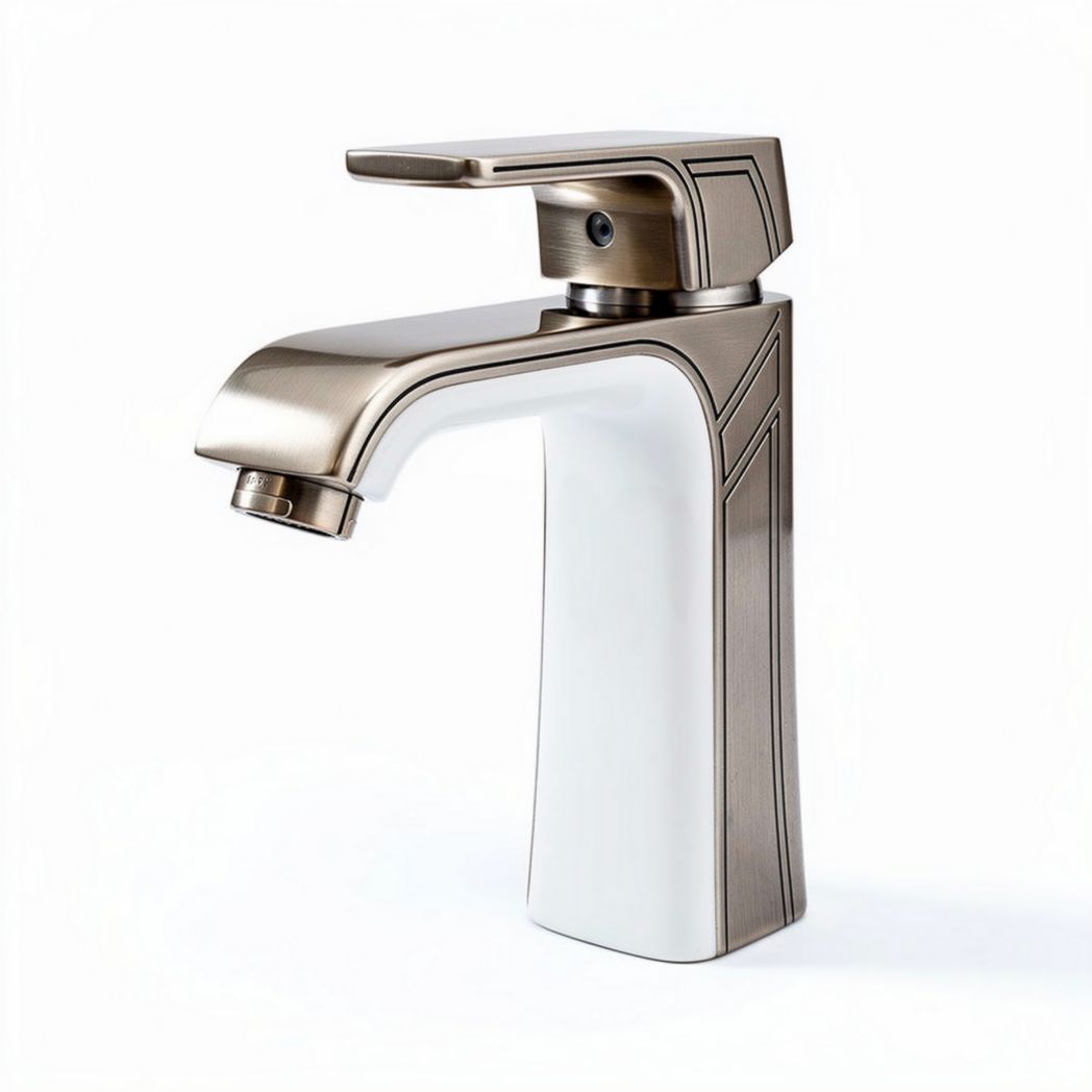 Brushed nickel bathroom sink faucet with modern design and ceramic handle