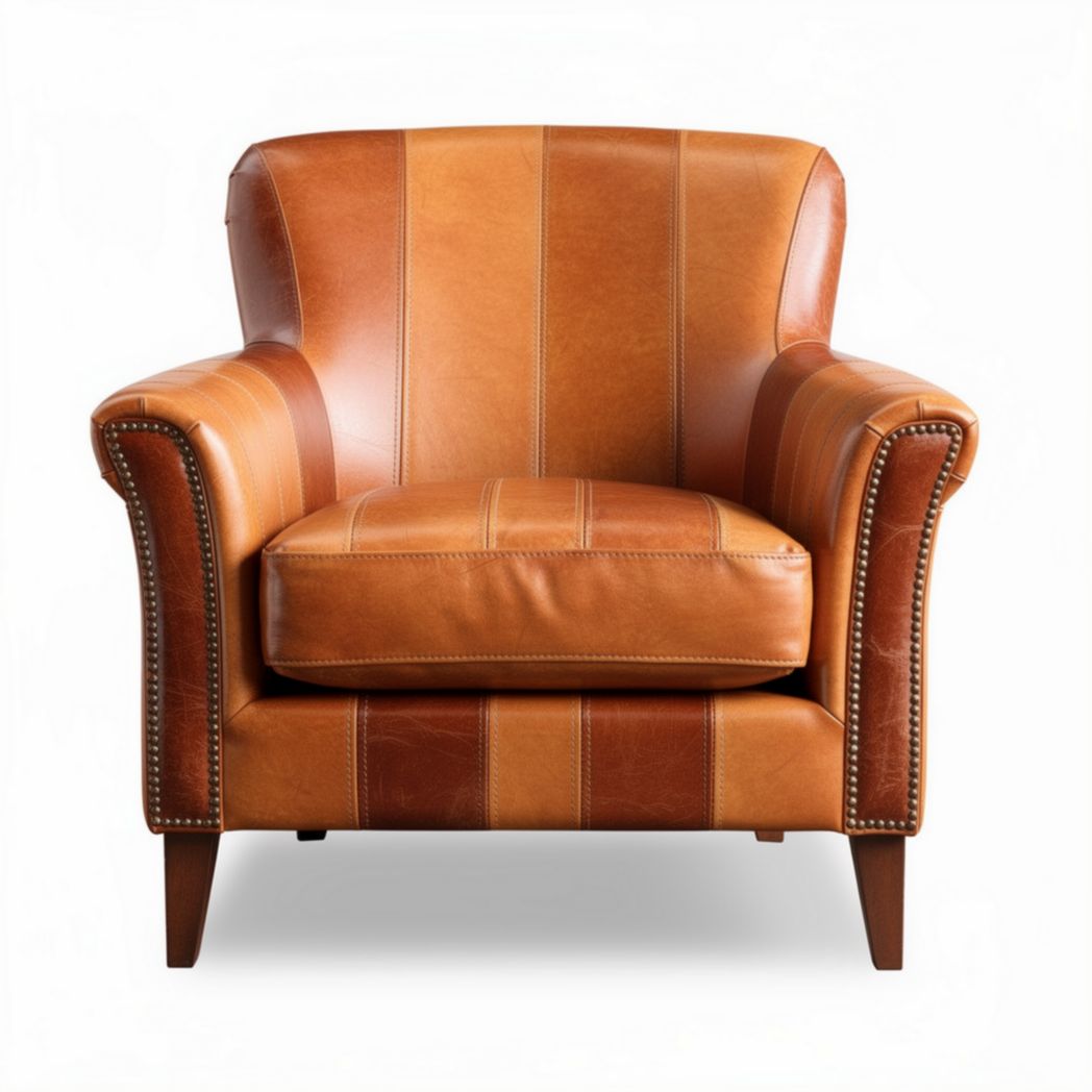 Leather tufted armchair with wooden legs in brown 80 x 100 x 80cm