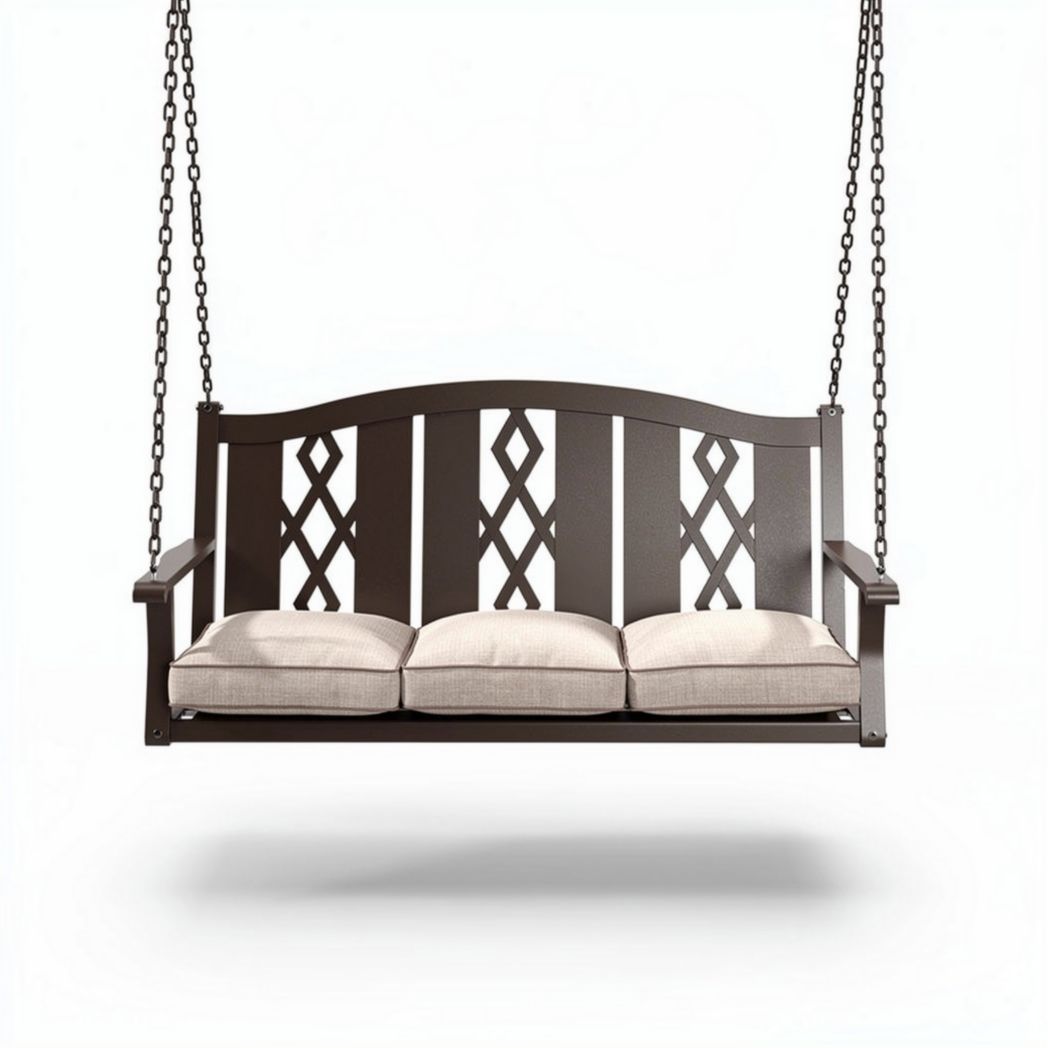 Outdoor wooden porch swing with beige cushions and metal chains 150 x 60 x 75cm