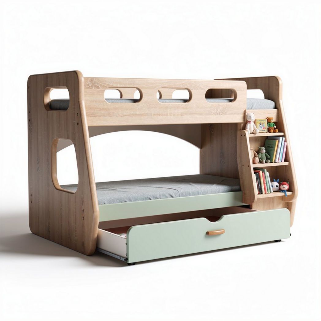 Wooden bunk bed with storage shelves and pull-out drawer 190 x 100 x 150cm