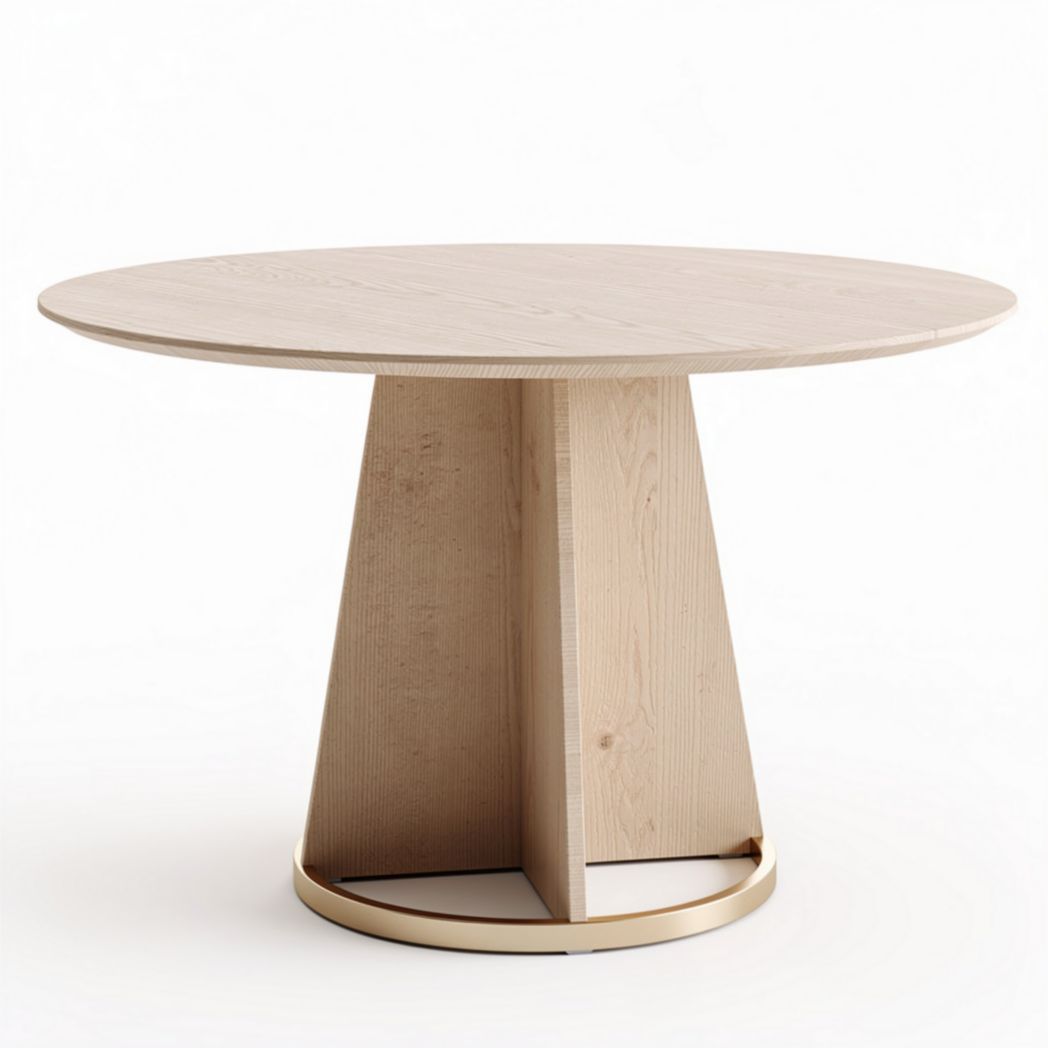 Round wooden dining table with natural finish and metal base 100 x 100 x 75cm
