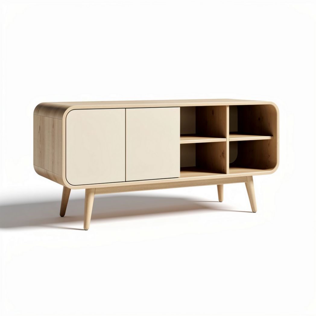 Wooden media console with slatted doors and metal legs 150 x 40 x 60cm