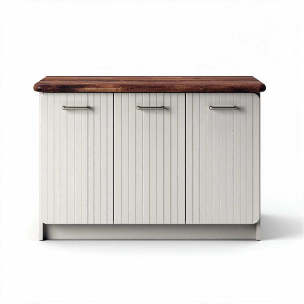 White kitchen island with wooden top and storage cabinets 150 x 50 x 90cm
